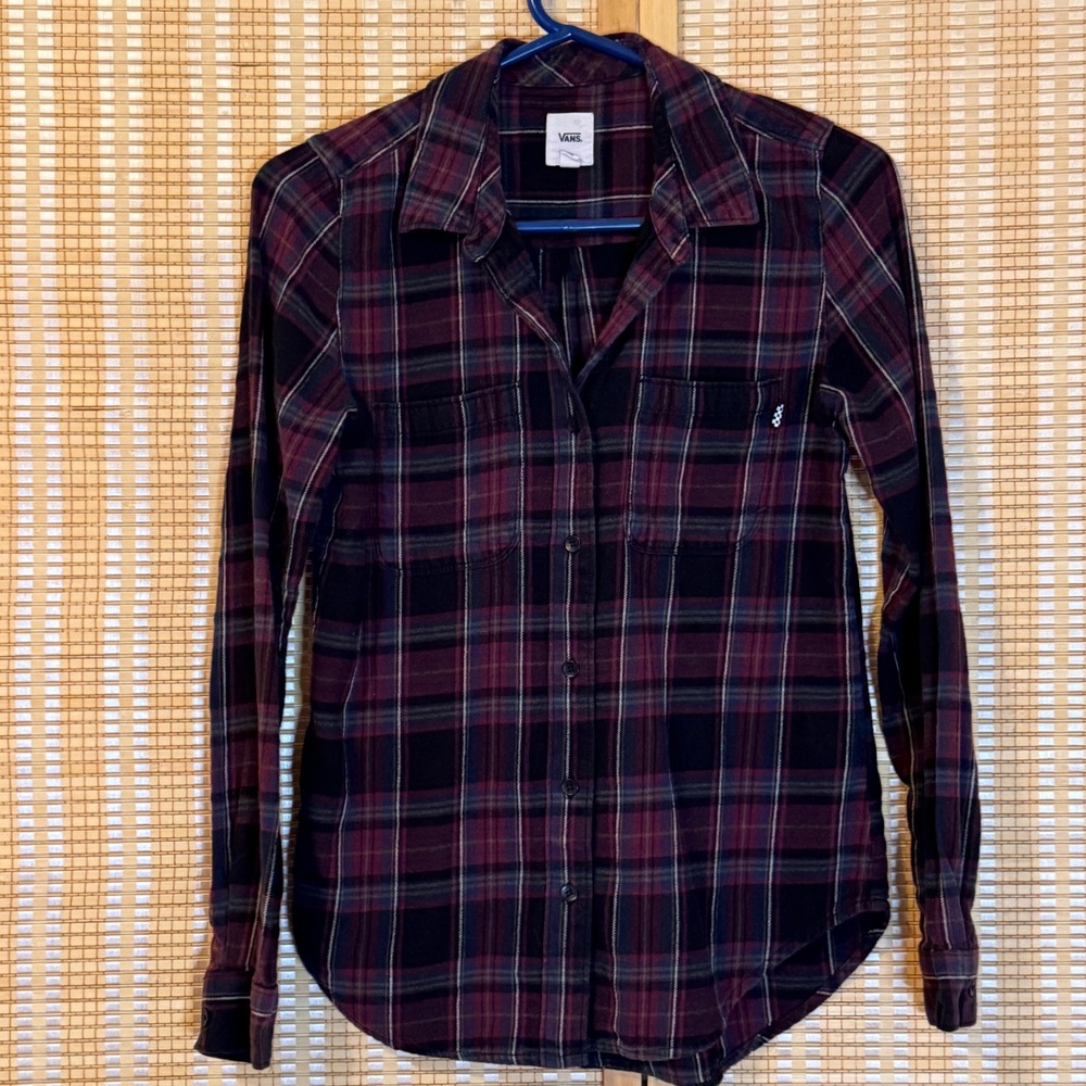 Vans Mens XS Plaid Flannel Button Down Shirt Burgundy Navy Long Sleeve Cotton